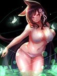  absurdres animal_ears atago_(azur_lane) azur_lane bad_id bad_pixiv_id bikini black_hair blush breasts brown_eyes closed_mouth collarbone commentary_request cowboy_shot extra_ears hair_ornament highres large_breasts leaning_forward long_hair looking_at_viewer mole mole_under_eye navel shiodango smile solo stomach swimsuit thigh_gap very_long_hair wading white_bikini 
