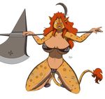  2017 amazon amazon_(dragon&#039;s_crown) anthro armor axe big_breasts bikini breasts brown_eyes chainmail_bikini clothed clothing conditional_dnp dragon&#039;s_crown feathers female giraffe hair hi_res hooves kadath kneeling mammal melee_weapon open_mouth puzzle_(kadath) red_hair sailoranna simple_background solo spread_legs spreading swimsuit tail_tuft tuft unconvincing_armor weapon white_background 