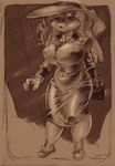  anthro big_breasts breasts clothed clothing female frown gloves hair hat lachland-nightingale lagomorph long_hair looking_at_viewer mammal monochrome nipple_bulge purse rabbit retro sepia skirt solo tight_clothing 
