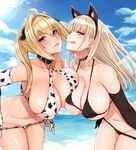  ahoge animal_ears animal_print asymmetrical_docking bangs bare_shoulders bell bell_collar belt_collar bikini bikini_pull black_bikini black_gloves blonde_hair blunt_bangs blush borrowed_character breast_press breasts cat_ears cleavage cloud cocq_taichou collar collarbone commentary covered_nipples cow_horns cow_print cowboy_shot day ear_piercing earrings elbow_gloves eyebrows_visible_through_hair fake_animal_ears gloves hair_intakes hairband hips horns jewelry large_breasts leaning_forward lens_flare licking_lips long_hair looking_at_viewer looking_to_the_side multiple_girls navel o-ring o-ring_top ocean original panties panty_pull piercing pink_eyes pulled_by_self saaya_(kirome) smile standing sunlight sweat sweatdrop swimsuit tongue tongue_out underwear undressing white_bikini white_gloves yellow_eyes 