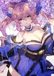  animal_ears bare_shoulders bow breasts collar detached_sleeves fate/extra fate_(series) flowerchorus fox_ears hair_bow japanese_clothes kimono large_breasts obi pink_hair sash strapless tamamo_(fate)_(all) tamamo_no_mae_(fate) twintails 