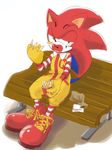  2017 anthro clothing clown cosplay food footwear gatoh_(artist) gloves green_eyes half-closed_eyes hedgehog hi_res makeup male mammal mcdonald&#039;s ronald_mcdonald sitting solo sonic_(series) sonic_the_hedgehog video_games 