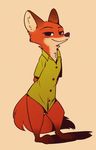  2017 anthro bottomless brown_background canine cheek_tuft clothed clothing disney fox fuel_(artist) hands_behind_back looking_at_viewer male mammal markings nick_wilde shadow simple_background smile socks_(marking) solo standing tuft zootopia 
