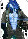  2017 abs anthro armor blue_fur card clothed clothing digital_media_(artwork) fonyaa fur helmet male muscular muscular_male pecs playing_card sergal simple_background smile solo 