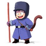  :d belt black_eyes black_hair blush_stickers boots coat dragon_ball dragon_ball_(classic) gloves hand_on_hip happy hat looking_away male_focus nyoibo open_mouth simple_background smile snow solo son_gokuu standing tail togatsuko white_background winter_clothes 