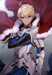  ahoge armor arthur_pendragon_(fate) bad_id bad_pixiv_id bangs blonde_hair blue_eyes breastplate cape cloak closed_mouth fate/grand_order fate/prototype fate_(series) fur_trim gambe gauntlets gradient gradient_background greaves green_eyes hair_between_eyes hand_up highres light_smile looking_at_viewer male_focus pauldrons smile solo sword upper_body weapon 