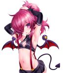 :o adjusting_hair armpits arms_up blush breasts cleavage cleavage_cutout commentary_request demon_girl demon_tail demon_wings hair_over_one_eye hizuki_akira horns long_hair looking_at_viewer microskirt midriff navel original pink_eyes pink_hair pointy_ears ponytail red_wings skirt small_breasts solo suspenders tail tying_hair wings 