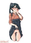  bangs black_bow black_eyes black_hair blush bow cowboy_shot cropped_legs ebifurya eyebrows_visible_through_hair hair_bow hakama hakama_lift hakama_skirt hand_on_own_cheek hand_up highres houshou_(kantai_collection) japanese_clothes kantai_collection lifted_by_self long_hair looking_to_the_side moderate_pubic_hair no_panties open_mouth ponytail pubic_hair pussy_juice simple_background skirt skirt_lift solo sweat tasuki twitter_username white_background 