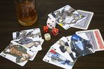  2017 anthro beverage canine card clothed clothing dice feline fonyaa group male mammal photo photography_(artwork) playing_card table 