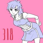  armor bare_arms bare_shoulders black_eyes black_hair dragon_ball eyebrows_visible_through_hair fukuko_fuku gine hand_on_hip looking_at_viewer number pink_background short_hair simple_background skirt smile solo tail wristband 