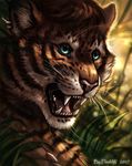  2017 ambiguous_gender black_lips blue_eyes brown_hair day detailed_background digital_media_(artwork) feline feral flashw fur grass hair long_mouth mammal no_sclera orange_fur outside pink_nose solo tiger whiskers 