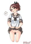  ass_visible_through_thighs black_ribbon blush brown_eyes brown_hair brown_skirt cowboy_shot cropped_legs ebifurya eyebrows_visible_through_hair groin hair_ribbon highres kantai_collection lifted_by_self looking_to_the_side no_panties open_mouth pleated_skirt pubic_hair pussy_juice ribbon school_uniform serafuku shikinami_(kantai_collection) short_ponytail short_sleeves simple_background skirt skirt_lift solo spoken_squiggle squiggle sweat twitter_username underwear white_background 