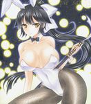  animal_ears azur_lane black_hair black_legwear black_neckwear bow bowtie breasts brown_eyes bunny_ears bunny_tail bunnysuit cleavage detached_collar fishnet_pantyhose fishnets hair_flaps large_breasts leotard long_hair looking_at_viewer pantyhose ponytail ryumaira sample solo strapless strapless_leotard sword tail takao_(azur_lane) traditional_media weapon white_leotard wrist_cuffs 