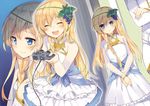  blonde_hair blue_eyes braid claire_(konosuba) closed_eyes controller crossed_arms dress eyebrows_visible_through_hair food fruit game_controller gamepad grapes highres holding iris_(konosuba) kono_subarashii_sekai_ni_shukufuku_wo! long_hair looking_at_viewer mishima_kurone multiple_girls novel_illustration official_art open_mouth pants shirt white_dress white_pants white_shirt 