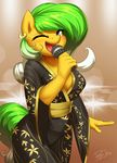  2017 anthro burgerkiss clothed clothing earth_pony equine fan_character female hair hi_res holding_object horse japanese_clothing kimono mammal microphone my_little_pony one_eye_closed open_mouth pony solo 