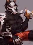  2017 5_fingers anthro canine clothed clothing digital_media_(artwork) grey_background holding_object male mammal red_sclera simple_background sitting smile solo topless vexstacy white_eyes 