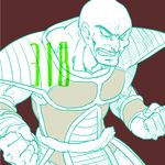  armor bald clenched_hands dragon_ball dragon_ball_z facial_hair fighting_stance frown fukuko_fuku looking_away male_focus mustache nappa number red_background serious simple_background solo tail 