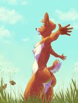  2017 5_fingers anthro arthropod biped blue_sky breasts brown_fur brown_hair brown_tail butt butterfly cervine chest_tuft cloud colored deer digital_media_(artwork) eyelashes female fur grass hair hi_res humanoid_hands insect kalahari mammal multicolored_fur multicolored_tail nipples nude open_mouth outside pink_nipples portrait rear_view short_hair short_tail side_boob signature sky small_breasts snout solo standing three-quarter_portrait tuft two_tone_fur two_tone_tail white_fur white_tail 