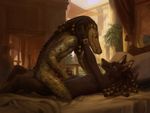  2017 anthro anubian_jackal anubis bed black_fur bracelet canine crocodile crocodilian deity dreadlocks duo eye_contact frottage fur hax_(artist) jackal jewelry kenket lofi male male/male mammal nude reptile scalie sex 