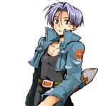  :o belt black_shirt blue_eyes capsule_corp denim denim_jacket dragon_ball dragon_ball_z expressionless jacket looking_at_viewer male_focus open_mouth pants purple_hair senka_(kouchairo) shirt short_hair simple_background solo sword trunks_(dragon_ball) weapon white_background 