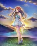  ass blush brown_eyes brown_hair cloud cloudy_sky dress hairband highres idolmaster idolmaster_million_live! long_hair looking_at_viewer nanaran ocean see-through see-through_silhouette sky sleeveless sleeveless_dress smile solo sundress sunset tanaka_kotoha twilight white_dress 