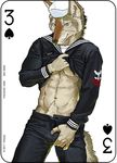  abs canine card clothed clothing crotch_grab digital_media_(artwork) fonyaa fur grope hat male mammal muscular muscular_male pecs playing_card simple_background smile solo standing undressing wolf 