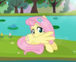  2017 apple blush cute cutie_mark equine eyelashes feathered_wings feathers female flower flower_in_hair fluttershy_(mlp) food friendship_is_magic fruit hair hi_res lily_pad looking_at_viewer mammal my_little_pony nature outside pegasus pink_hair plant pond preening shutterflyeqd sitting solo solo_focus teal_eyes tree water wings 