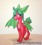  2017 blue_eyes browniecomicwriter cute digital_media_(artwork) dragon eyelashes female feral flora_fauna food food_creature fruit green_hair hair half-closed_eyes hybrid leaves long_eyelashes nude plant red_body red_skin seeds shiny signature simple_background smile solo strawberry watermark wings 