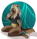  4_toes 5_finger anthro barefoot bottomless brown_nose canine clothed clothing digital_media_(artwork) female looking_at_viewer mammal navel purple_eyes simple_background smilek solo toes ts-cat 