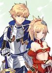  1girl ahoge armor arthur_pendragon_(fate) bare_shoulders blonde_hair braid breastplate clarent excalibur_(fate/prototype) fate/apocrypha fate/grand_order fate/prototype fate_(series) father_and_daughter french_braid gauntlets greaves green_eyes hand_on_another's_head highres mordred_(fate) mordred_(fate)_(all) pauldrons ponytail red_scrunchie scrunchie shiguru sword weapon 