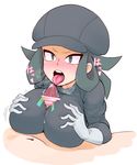  1boy 1girl between_breasts blush breast_grab breasts cabbie_hat censored gloves green_eyes green_hair hat hetero large_breasts npc open_mouth paizuri penis pokemon pokemon_(game) pokemon_ultra_sm sex team_rainbow_rocket_grunt tongue tongue_out 