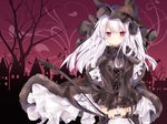  :&lt; animal_hat azur_lane bag bangs bare_tree black_bow black_capelet black_hat black_neckwear black_ribbon black_shirt black_skirt blush bow bowtie building capelet cat_hat closed_mouth commentary_request corset cross cross_necklace cross_print erebus_(azur_lane) eyebrows_visible_through_hair frilled_hat frilled_sleeves frills fur-trimmed_capelet fur_trim hair_between_eyes handbag hat holding holding_bag jewelry kurun_(kurun777) latin_cross long_hair long_sleeves looking_at_viewer necklace pleated_skirt print_skirt puffy_long_sleeves puffy_sleeves red_eyes red_sky ribbon shirt silhouette skirt sky solo thighhighs tower tree v_arms white_hair 