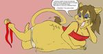  5_fingers 5_toes anthro belly breasts claws clothing digital_media_(artwork) english_text feet feline female lion mammal open_mouth oral_vore paws racheltheseeker samanthaweltzin simple_background soles text toe_claws toes vore 