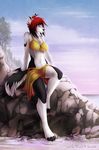  2016 anthro black_fur black_hair breasts canine clothed clothing day detailed_background digital_media_(artwork) female fur grey_fur hair mammal midriff navel outside red_hair sky smilek ts-cat white_fur wolf yellow_eyes 