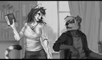  2016 anthro black_bars black_nose canine cat clothed clothing detailed_background digital_media_(artwork) dog duo feline female greyscales male mammal smile standing ts-cat 