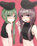  alternate_costume asuzemu bangs bare_arms black_hat blunt_bangs breasts brown_hair closed_mouth crop_top eyebrows_visible_through_hair green_eyes green_hair hand_up hat looking_at_viewer multiple_girls navel nishida_satono pink_background pink_eyes short_hair_with_long_locks simple_background sleeveless small_breasts teireida_mai touhou upper_body 