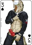  2017 abs animal_genitalia animal_penis canine canine_penis card clothed clothing crotch_grab digital_media_(artwork) erection fonyaa fur grope hat male mammal muscular muscular_male pecs penis playing_card simple_background smile solo standing undressing wolf 