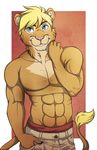  2017 5_fingers abs annairu anthro biceps biped black_eyebrows blonde_hair blue_eyes border brown_fur brown_tail cheek_tuft clothed clothing cougar digital_media_(artwork) eyebrows feline front_view fur hair half-length_portrait hand_in_pocket hi_res hybrid kubwa lion male mammal multicolored_fur muscular muscular_male outside_border pants pecs pink_nose portrait red_background simple_background smile solo standing tail_tuft tan_fur teeth topless triceps tuft two_tone_fur white_border 