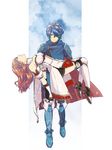  absurdres armor blue_eyes blue_hair cape carrying celica_(fire_emblem) falchion_(fire_emblem) fingerless_gloves fire_emblem fire_emblem:_kakusei fire_emblem_echoes:_mou_hitori_no_eiyuuou fire_emblem_heroes gloves headband highres long_hair lucina marth_(fire_emblem:_kakusei) mask multiple_girls nishimura_(nianiamu) red_hair reverse_trap short_hair sword tiara unconscious weapon 