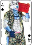  2017 anthro canine card clothed clothing digital_media_(artwork) dog dog_tags fonyaa fur holding_object looking_at_viewer male mammal military muscular muscular_male pecs playing_card simple_background smile solo standing tongue tongue_out tools white_fur 