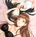  arm_up bangs bare_shoulders black_bra black_hair blue_eyes blush bra breasts brown_eyes brown_hair cleavage collarbone commentary_request hair_between_eyes hairband hand_on_another's_chin idolmaster idolmaster_cinderella_girls irohakaede lace lace-trimmed_bra long_hair lying medium_breasts multiple_girls nitta_minami on_back on_bed open_mouth parted_lips rotational_symmetry sagisawa_fumika swept_bangs underwear white_bra 