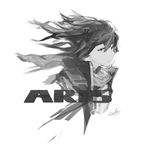  arlen bangs commentary_request eyebrows_visible_through_hair eyes_visible_through_hair from_side girls_frontline greyscale hair_between_eyes hair_ornament highres jacket long_hair looking_at_viewer monochrome open_mouth scarf shirt signature sketch solo st_ar-15_(girls_frontline) wind 