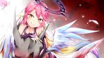  2017 :q bare_shoulders blue_hair blush closed_mouth collarbone dated eyebrows_visible_through_hair feathers hair_between_eyes halo heart ikasoke_(likerm6au) jibril_(no_game_no_life) looking_at_viewer low_wings multicolored_hair no_game_no_life number orange_eyes orange_hair pink_hair signature smile solo tongue tongue_out torn_sleeve white_feathers white_wings wings 