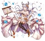  animal_ears asymmetrical_clothes backless_dress backless_outfit bangs bare_shoulders black_legwear blue_eyes blunt_bangs blush breasts commentary_request dress elbow_gloves erune full_body gloves granblue_fantasy hair_ornament korwa long_hair looking_at_viewer medium_breasts mismatched_legwear parted_lips quill silver_hair smile soda_(sodachuxd) solo thighhighs white_legwear 