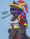  2019 anthro breasts canid canine chest_tuft cleavage clothed clothing conditional_dnp dialogue english_text female hair hat horn mammal pirate ponytail purple_hair simple_background starbound teckworks text thick_thighs tuft video_games 