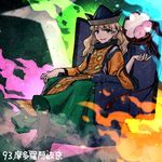  aura blonde_hair boots chair commentary_request drum grin hat instrument long_hair looking_at_viewer lowres matara_okina meimaru_inuchiyo sitting skirt smile solo tabard touhou wide_sleeves yellow_eyes 