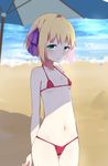  :/ arms_behind_back axis_powers_hetalia beach beach_umbrella bikini blonde_hair blush breasts cameltoe closed_mouth collarbone covered_nipples from_side green_eyes groin hair_ribbon halterneck liechtenstein_(hetalia) looking_at_viewer navel purple_ribbon red_bikini ribbon sakamo2424 sand shade short_hair small_breasts solo swimsuit umbrella water 