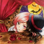  bat bowler_hat brick_wall broken_window brown_eyes brown_hair commentary flower gloves hat heterochromia highres moon multicolored_hair nasubinari neo_(rwby) petals pink_eyes pink_hair rose rose_petals rwby solo white_hair 