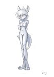  4_toes breasts canine digital_media_(artwork) featureless_breasts featureless_crotch female greyscale hair mammal monochrome navel nude ramiras simple_background sketch solo toes white_background white_hair 