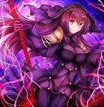  bangs bodysuit breasts commentary_request covered_navel cowboy_shot fate/grand_order fate_(series) gae_bolg holding holding_weapon large_breasts long_hair looking_at_viewer parted_lips pauldrons purple_bodysuit purple_hair red_eyes scathach_(fate)_(all) scathach_(fate/grand_order) soda_(sodachuxd) solo veil weapon 